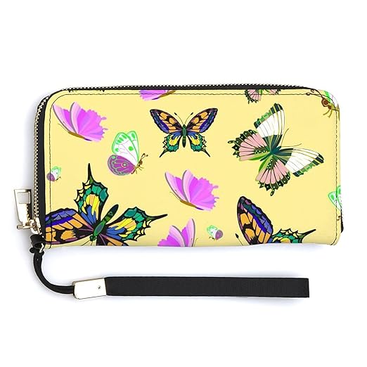 Clutch Wallet Holder for Women Men Colorful Butterflies with Wings Flying Flowers Portable Accordion Zipper Credit Card Storage Bag Waterproof Purse Leather Wallet for Travel Work Shopping