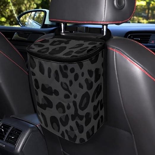 Black Leopard Car Trash Can, Waterproof Car Garbage Can with Lid and Zip Clouse, Leak Proof Portable Car Trash Bag Hanging Vehicle Organizer