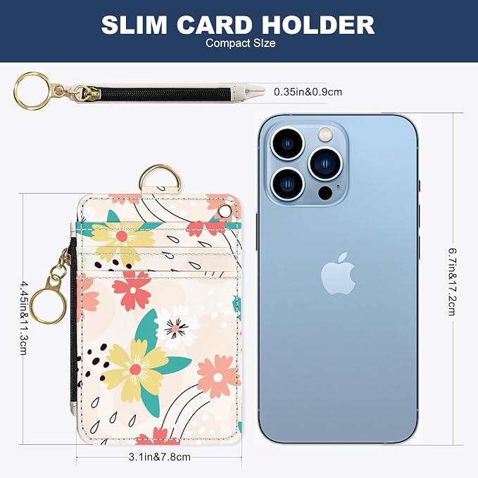 Slim Wallet Credit Card Holder, Pink and green flowers, RFID Wallet Women Cute Small Front Pocket Wallet With Zipper, PU Leather Thin travel RFID Blocking Card Case ID Window,Ladies Gifts