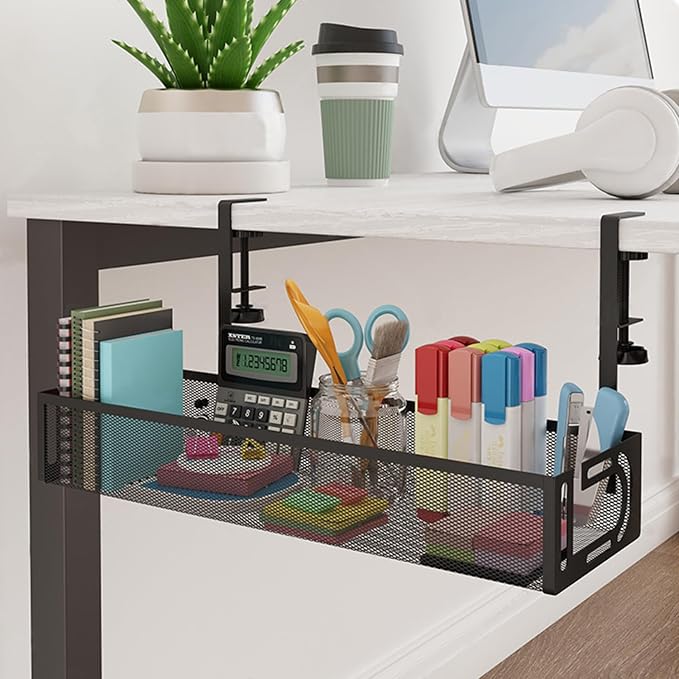 No-Drill Under Desk Cable Management Tray - Tool-Free Installation with Dual Silicone Pads | No Adhesive, No Magnets, No Residue | Heavy-Duty Steel Construction for Wood & Glass Desktops (Black)