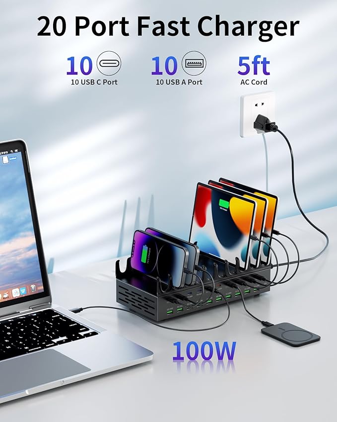690W Charging Station for Multiple Devices, 20-Port USB C Fast Charging Station with Double 100W PD PPS Port, Multi Device Fast Charger Dock for MacBook Pro Laptop, iPhone, iPad, Tablet, Cell Phone