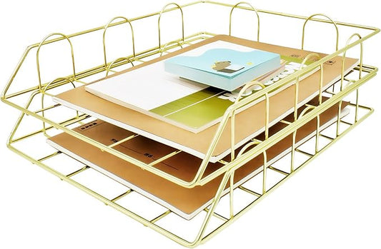 JIARI 2 Pack Desk Organizer Stackable Letter Tray Paper Organizer, Metal Desk Organizer Tray for Letter/A4 Paper Storage, for Office Supplies (Gold 2 Pack)