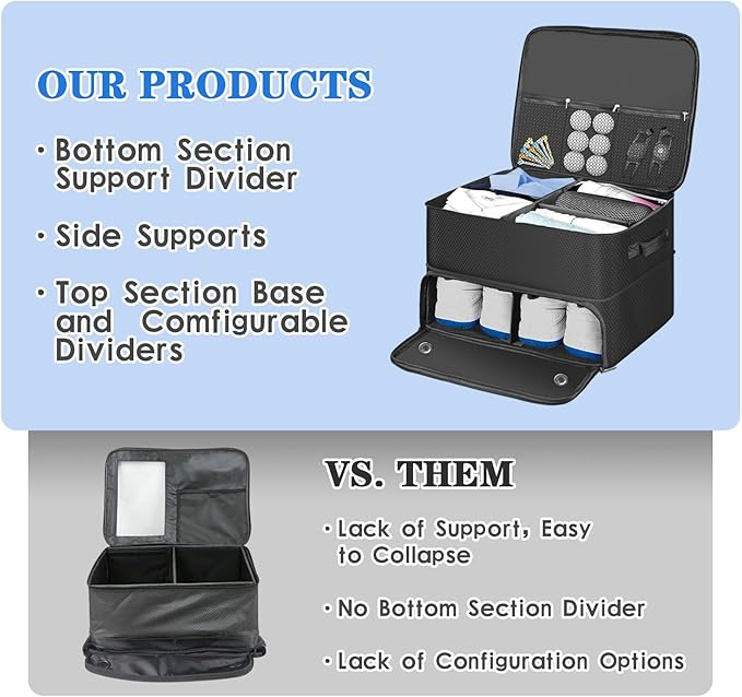 Golf Trunk Organizer, 2 Layer Car Trunk Locker with Separate Ventilated Shoe Compartment - Waterproof Golf Accessories Storage for Balls, Tees, Clothes, Gloves | Golf Gifts for Men Golfers