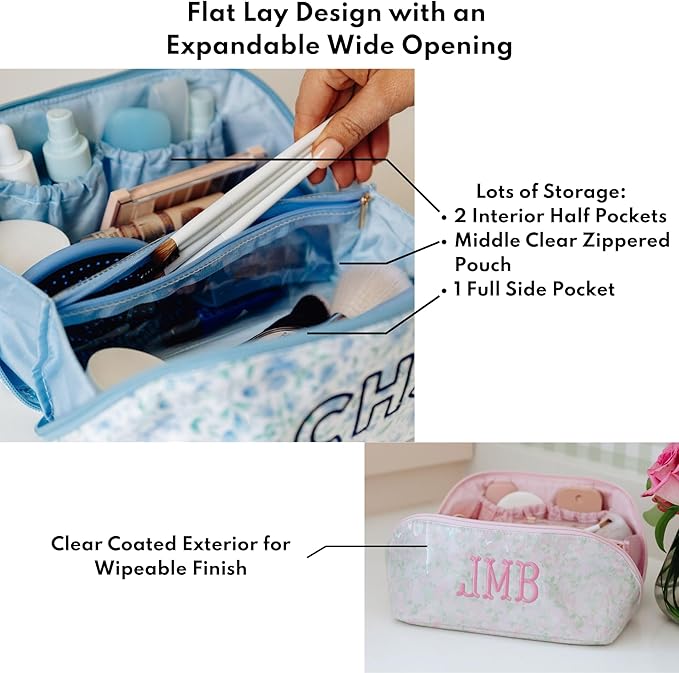 Personalized Flat Lay Makeup Bag - Clear-Coated Embroidered Cosmetic Organizer, Monogrammed Wide-Open Travel Pouch with Easy-Access Interior, Handmade Gift for Women (Dahlia)