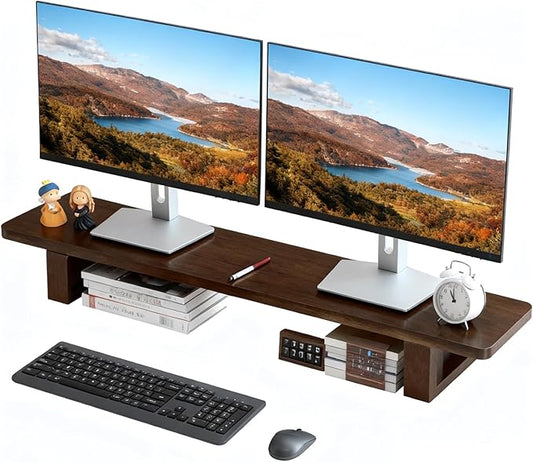 Dual Monitor Stand Riser, 47Inch Solid Wood Desktop Organizer with Non-Slip Pads, Holder for 2 Monitors, Laptops, TV, PC, Printer, Walnut Finish