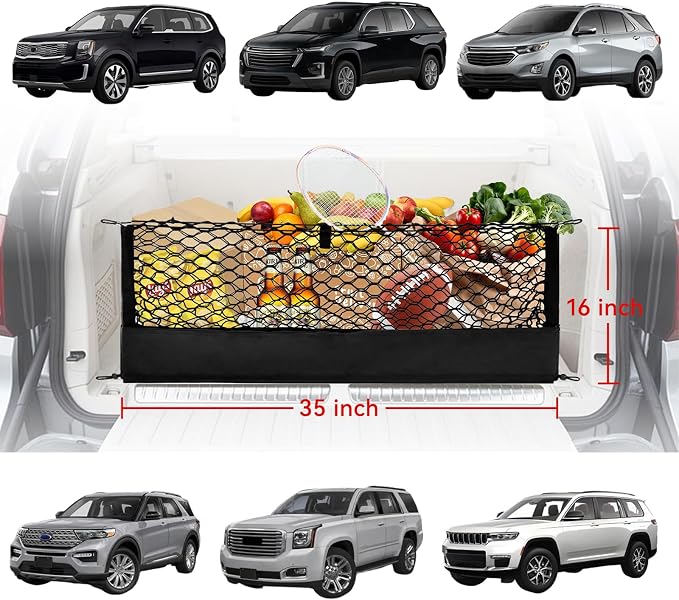 Universal Envelope Cargo Net for SUV Trunk Car, High Elastic with Bottom Storage Organizer & Hooks 35.4" x 15.7"