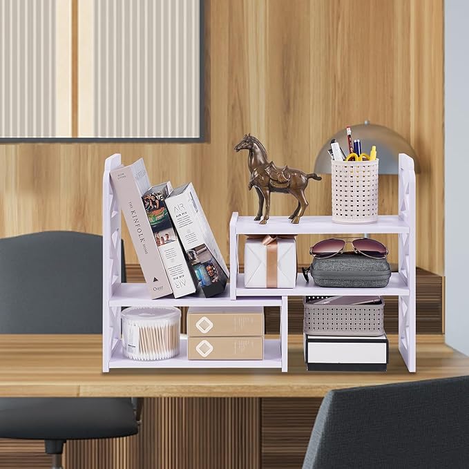 Felmis Desk Organizer Shelf, White Adjustable Small Bookshelf, Expandable Book Shelves for Classroom Office Dormitory Home