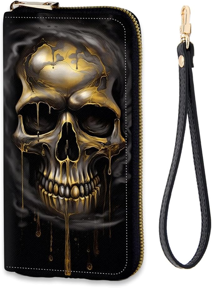 Women's RFID Blocking Zip Around Wallet with Detachable Wrist Strap, Large Capacity Credit Card Holder Organizer for Everyday Use,Funny Skull