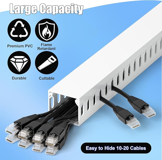 ZhiYo H1.4 W1.6 in Server Rack Cable Management Raceway, 12ft (4 X L3ft) Cable Raceway Kit, Electrically Safe PVC Open Slot Wire Cord Hider for Under Desk/Computer/Network Cords, White