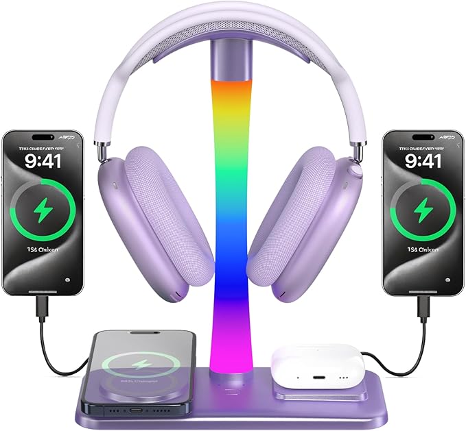 Headphone Stand with Wireless Charger,Gaming Headset stand with RGB Light,For Airpod Max Stand Compatible with Airpod Pro/3/2,For iPhone 17/16/15/14/13/12/11,Gifts for Gamers & Music Lover (Purple)
