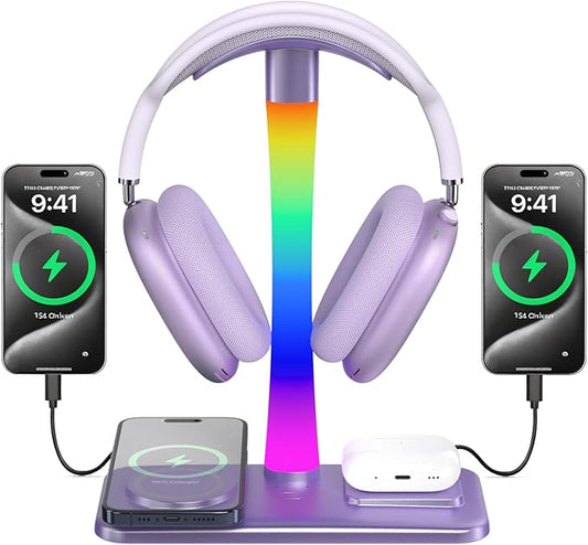 Headphone Stand with Wireless Charger,Gaming Headset stand with RGB Light,For Airpod Max Stand Compatible with Airpod Pro/3/2,For iPhone 17/16/15/14/13/12/11,Gifts for Gamers & Music Lover (Purple)