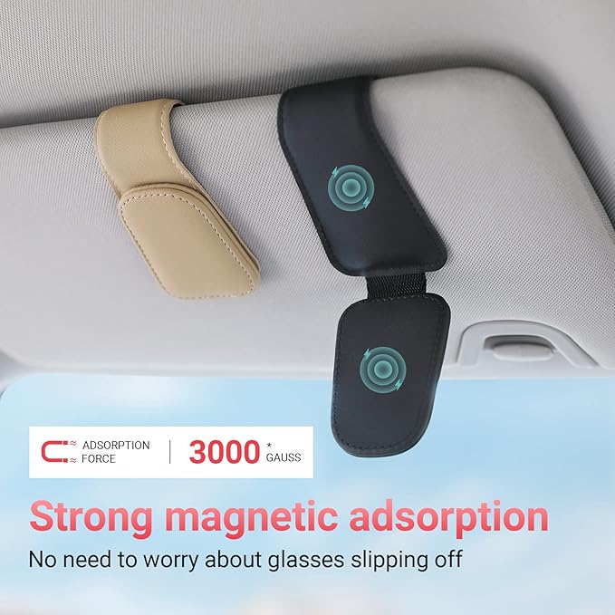 KanSmart Sunglass Holder for Car Visor Sunglasses Clip Magnetic Leather Glasses Eyeglass Holder Interior Car Accessories for Woman Man - 2 Packs Beige