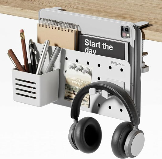 Under Desk Storage Organizer, Laptop Holder Stand with Pegboard Design, Holds 22lbs, Clamp on Desk Organizer, Fits 0.4"-2.2" Desktop Edge, White