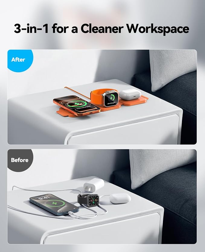 3 in 1 Charging Station for Apple Multiple Devices, Foldable Magnetic Fast Wireless Charger Dock, Travel Charging Pad for iPhone 17 16 15 14 13 12 Pro Max Plus Apple Watch Series & AirPods Orange