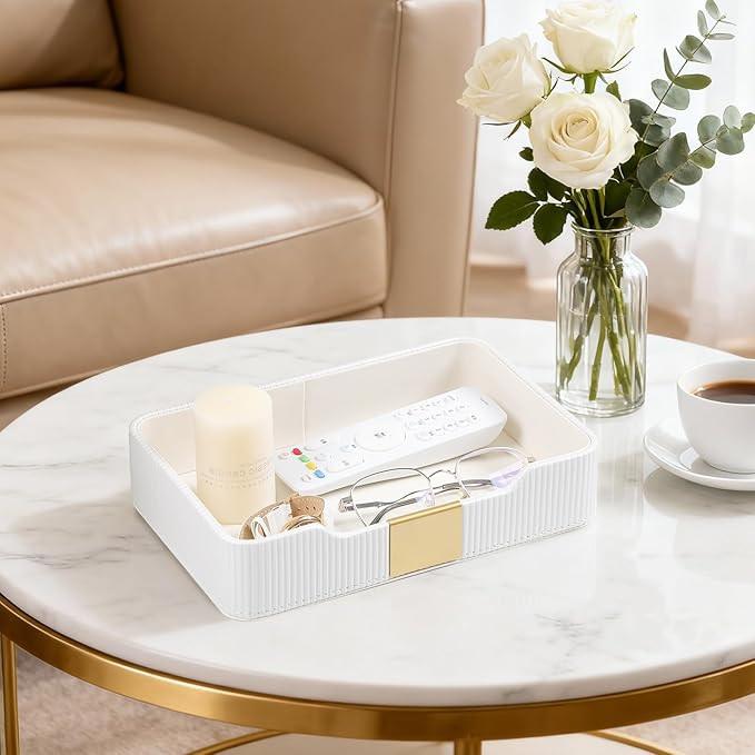 Valet Tray Desktop Storage Organizer, PU Leather Catchall Bedside Vanity Tray with Brass Accents Block Nightstand Organizer for Keys Watch Wallet Phone, Decorative Nightstand Storage (White)