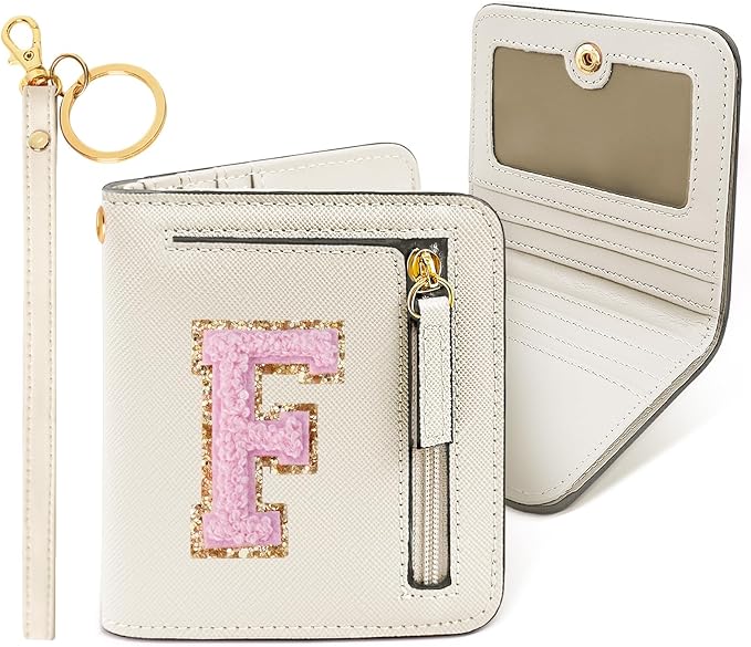 COSHAYSOO Small Wallet RFID Bifold PU Leather, Preppy Graduation Gifts for Teen Girls Women, Nurse Week Appreciation Gift Ideas, Cream Chenille Letter F