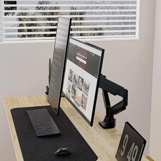 Dual Balanced Monitor Arms | Effortless Adjustment | Internal Spring Mechanism | Outstanding Flexibility | 180 Degree Rotation | Two Monitors | Fit Screen Size 17" - 32" | Computer Display Arm | Black
