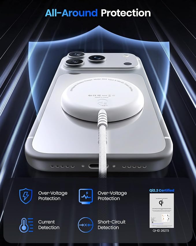 Magnetic Wireless Charger, 5FT Qi2 25W Fast Charging Pad Compatible with MagSafe for iPhone Air/17e/17/16/15/14/13/12/Pro/Pro Max Series & AirPods 4/3/2/Pro & More (with 30W Adapter)