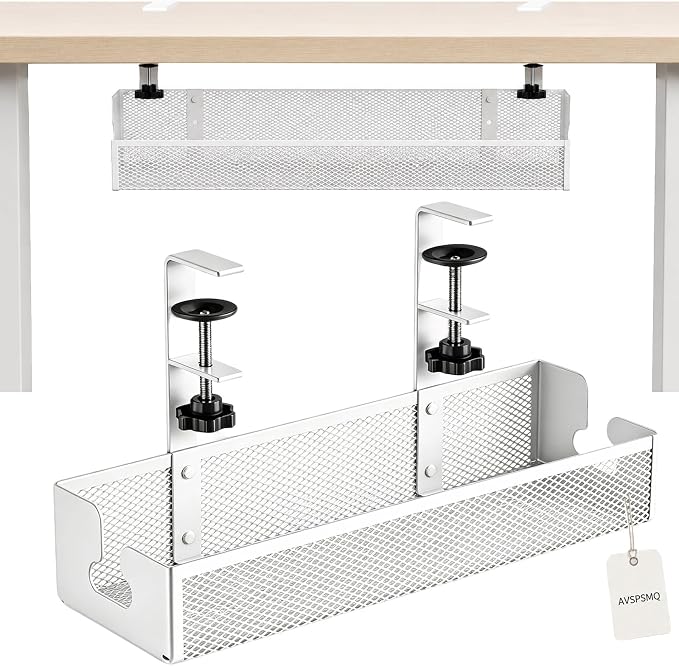 Adjustable No-Drill Under-Desk Cable Organizer Clamp On Metal Mesh Tray Cord Wire Management Basket Power Strip Holder Rack for Home Office Computer Standing Desk Accessories(White,Medium)