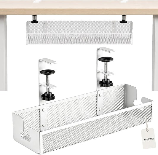 Adjustable No-Drill Under-Desk Cable Organizer Clamp On Metal Mesh Tray Cord Wire Management Basket Power Strip Holder Rack for Home Office Computer Standing Desk Accessories(White,Medium)