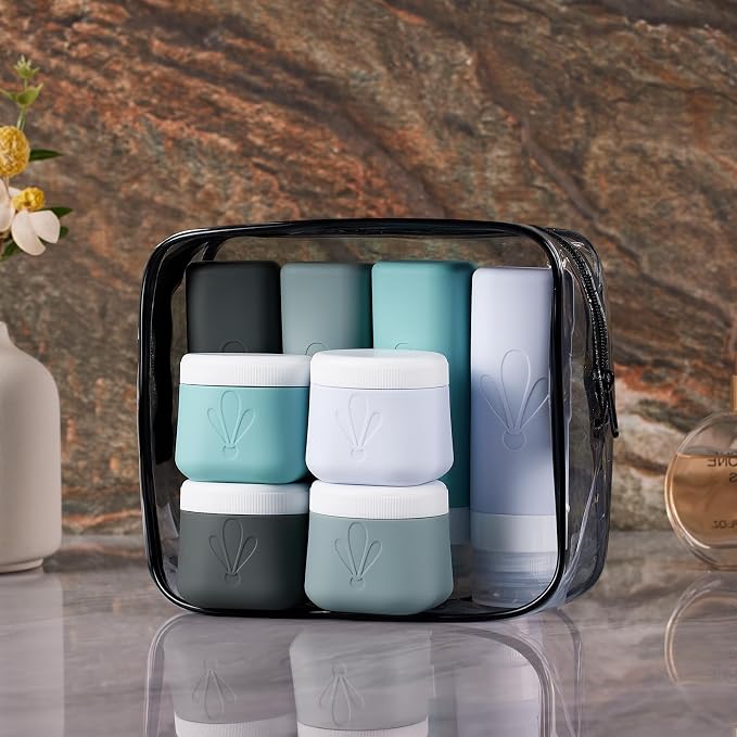 INSFIT travel bottles for toiletries 8 Pack, Leak proof Travel Size Toiletries Containers with toiletry bag, Squeezable Silicone Bottles & Cream Jars, Travel Essentials BPA-Free kit for Shampoo