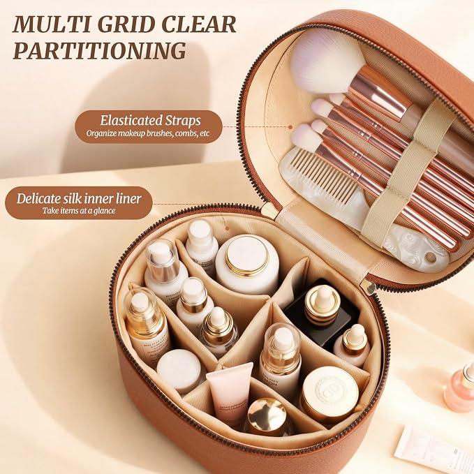 Makeup Bag Vanity Case for Women Leather Cosmetic Bag Makeup Organizer Case Portable Travel Toiletry Bag With Removable Compartments and Handle - Brown