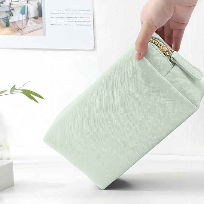 Leather Makeup Bag for Purse Travel, Portable Small Cosmetic Organizer for Women and Girls, Make up Bag with Zipper
