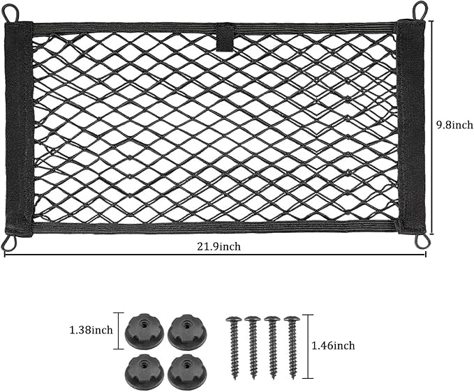2 Pack Universal Mesh Cargo Net，BetterJonny Stretchable Elastic Automotive Cargo Nets with 8 Pieces Mounting Screws and Hooks for Car Trunk Storage Mesh Pocket Net (Black)