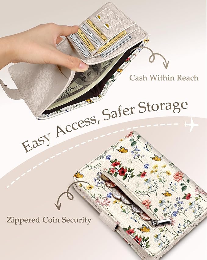 Slohif Passport Wallet Holder Cover for Travel - Women Men RFID Blocking Passport Book Case Protector, Cream Floral Butterfly Leather Personalized Organizer Slim Carrier Boarding Pass Cards Slots