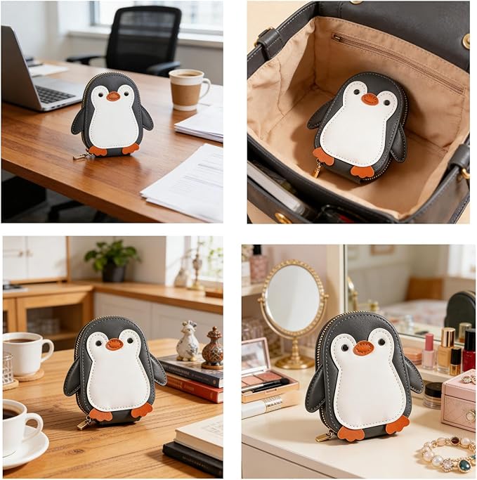 NovelCute Cartoon Penguin-shaped Coin Purse PU Leather Accordion Card Holder Large Capacity Zippered Money and Card Organizer Portable Mini Coin Purse Key Pouch(grey)