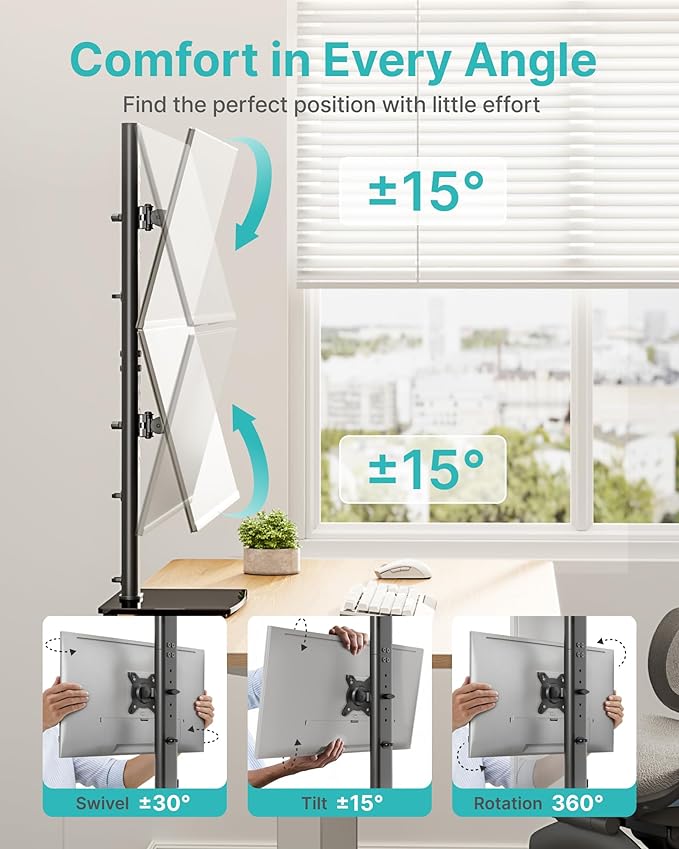 Pegzone Vertical Dual Monitor Stand for 17??4 Inch Screens, Stacked Monitor Mount, Holds up to 33 lbs per Arm, Tabletop Screens Riser with Full Motion, 33.3" Pole 12 Height Settings, 75/100 VESA