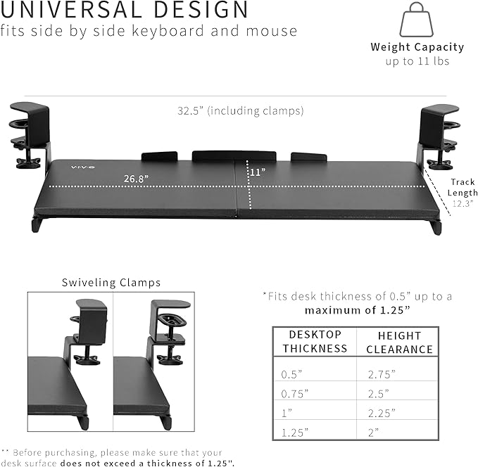 VIVO Large Pull Out Keyboard Tray for Corner Desk, 27 (33 Including Clamps) x 11 inch Slide-Out Platform Computer Drawer, 90-Degree Swivel C-Clamps for L-Shaped Workstation, Black, MOUNT-KB10C