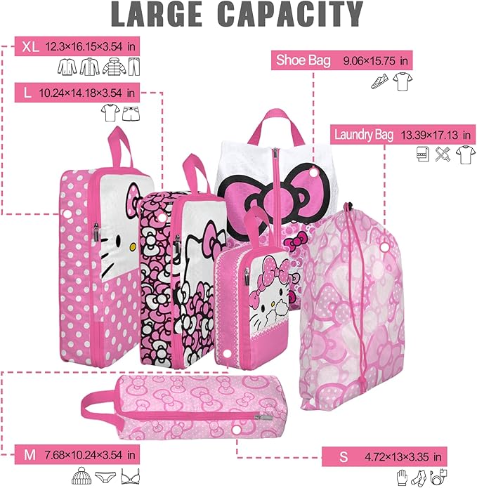 6 Set Kids Packing Cubes for Travel Carry On, Space Saving Compression Bags for Packing In Suitcase, Cute Pink Packing Organizers for Luggage Storage Girls Gift Trip and Family Vacation