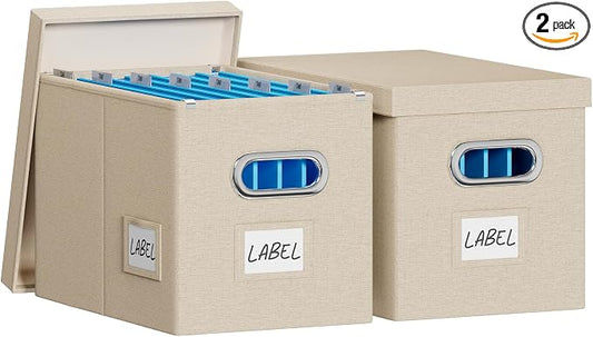 FHSQX File Box with Lid-File Organizer Box Set of 2 Portable Hanging File Box-Decorative Filing Storage Boxes for Office & Home File Cabinet (Beige, 14 x 9.3 x 10.9 in (2Pack))