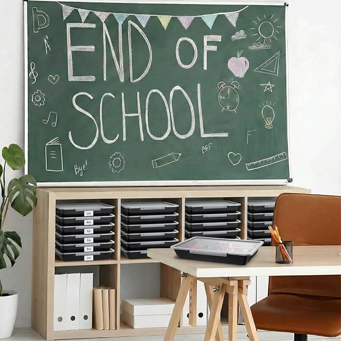 Tinlade 12 Pcs Classroom Paper Storage Bins with Clear Latching Lids Labels, Letter Size Stackable Flat Trays Container Paper Organizer for Teacher Back to School Office Arts Crafts (Black,13x10in)
