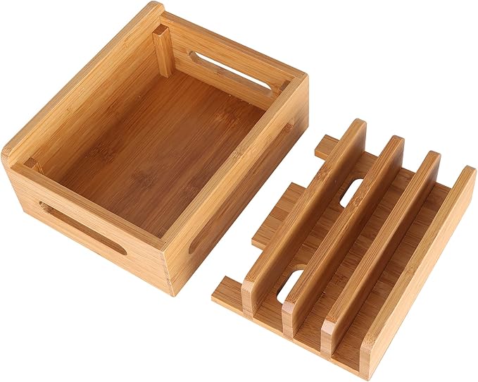 Bamboo Wood Multi-Device Desktop Dock Station Charger Holder Charging Cradle Charge Stand Compatible for iPhone 16 15 14 13 12 11 Pro Max XS XR X iPad 3 4 Mini Pro Air Samsung Huawei Smartphones
