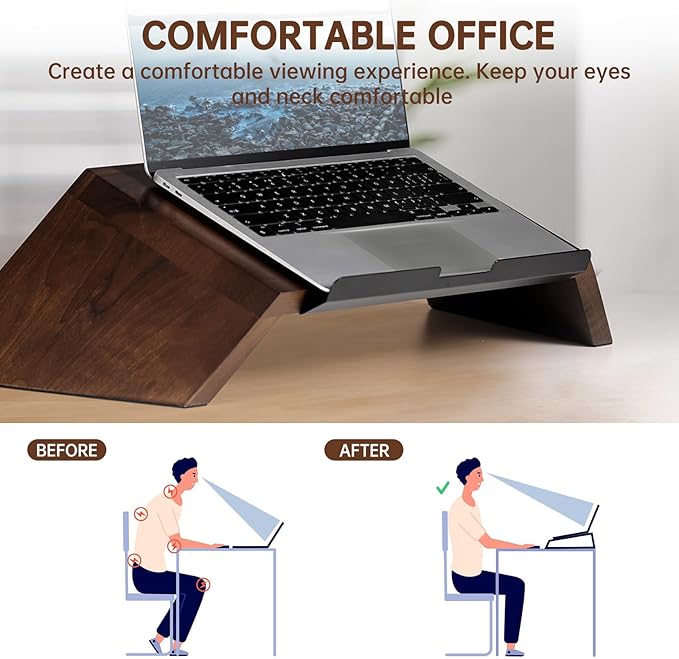LifeSpan Fitness Ergonomic Wooden Laptop Stand, Desk Riser for 10-17.5" Laptops (19x9.5x3-6", Walnut)