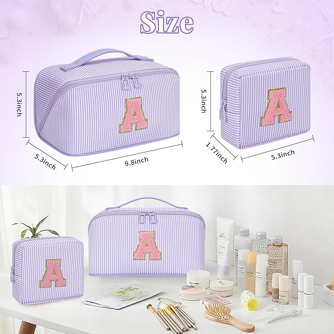 2026 Graduation Gifts - Travel Makeup Bag for Women, 2Pcs Portable Personalized Initial Makeup Organizer Bag, Open Flat Large Cosmetic Bag With Travel Essential Pouch (Purple Letter C)