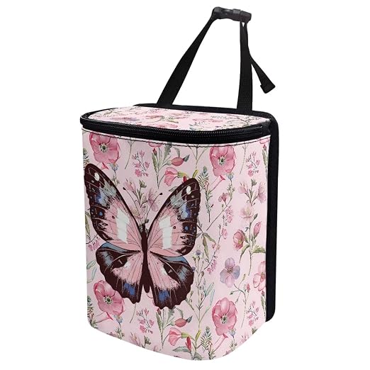 Biyejit Pink Butterfly Floral Car Trash Can with Lid Collapsible Reusable Waterproof Car Garage Bag, Automotive Garbage Can, Car Accessories Interior Car Organizer with Adjustable Straps