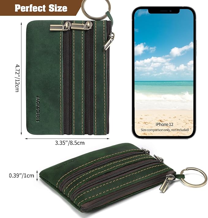 Jack&Chris Coin Purse Pouch for Men, Genuine Leather Coin Purse Zipper Pocket with Keychain Ring, Coin Bag for Men,JC301-Green