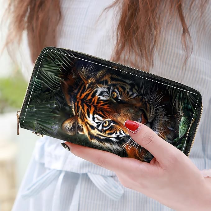 Women's Large Capacity Wallet PU Leather Zip Around Clutch Purse Multifunctional Wallet with Removable Wristlet Strap for Smart Phone/Coin/Card/Cash - Tiger