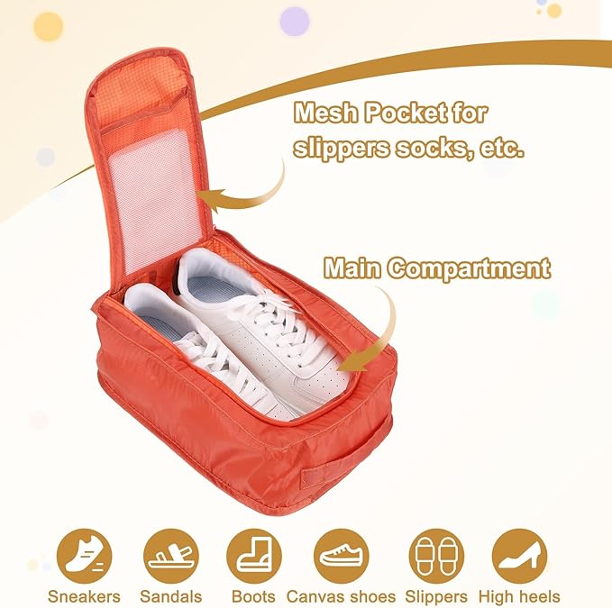 Foldable Travel Shoe Bag, Waterproof Shoe Pouches Organizer with Handle Travel Packing Cubes -Fitting for Storing (Sneakers/Sandals/Fitness Shoes) 2 Pcs & Orange/Light Blue