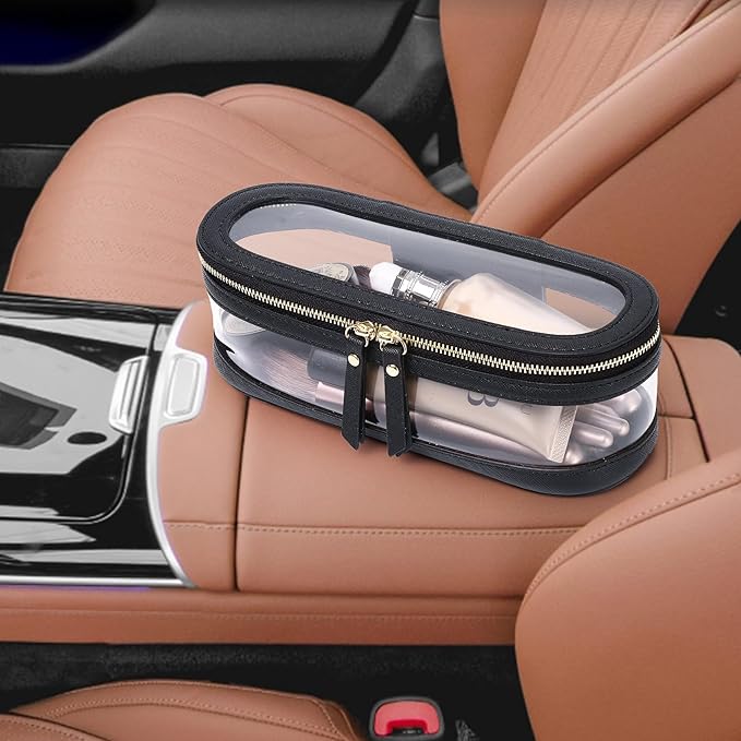 Pinkmik Makeup Brush Case Clear Travel Cosmetic & Toiletry Bag Slim Makeup Bag with Zipper Small Purse Organizer Car Essential Bag for Women (Black, SLIM L),