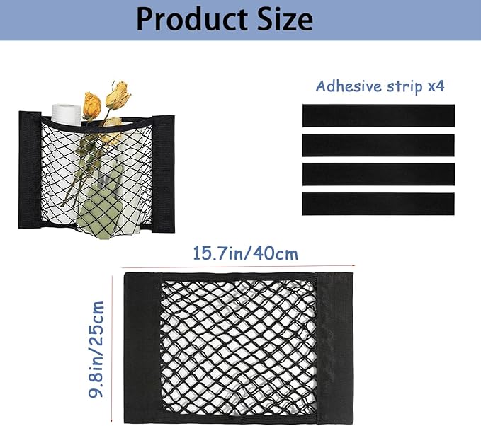 ZMD 2Pcs Universal Mesh Cargo Net with Adhesive Tape, 9.8x15.7in Small Cargo Car Storage Net RV Storage Netting Mesh Pocket Net Wall Sticker Organizer for Car Rv Trunk Boat (Black)