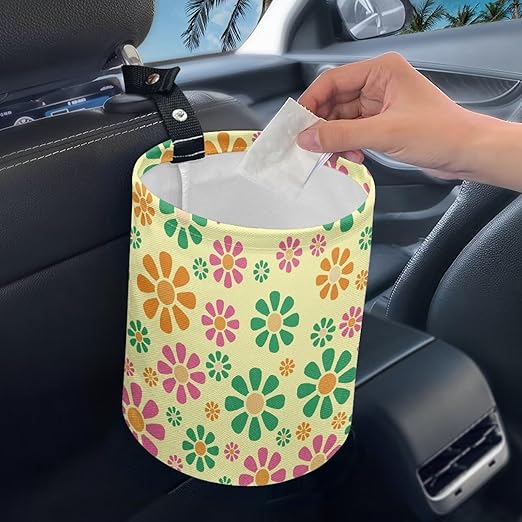 Colorful Hippie Flower Car Trash Bin Garbage Can Foldable Rubbish Bin Basket Bag Portable Cup Holder Organizer with Strap Universal Storage Bag Box for Fit Most Cars, SUVs, Trucks
