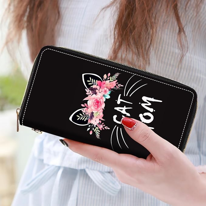 Women's Large Capacity Wallet PU Leather Zip Around Clutch Purse Multifunctional Wallet with Removable Wristlet Strap for Smart Phone/Coin/Card/Cash, Floral Cat Mom