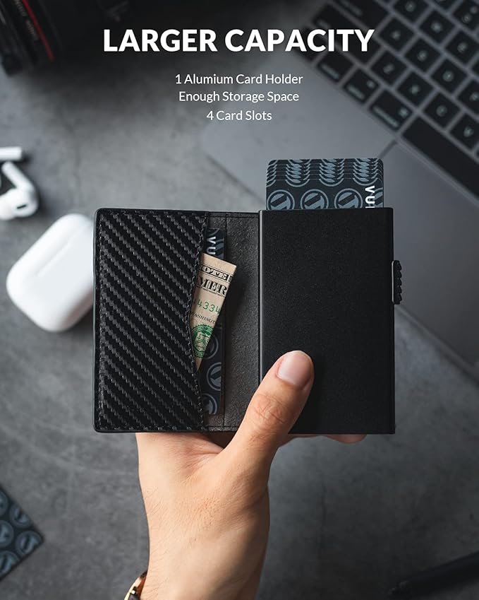 VULKIT Men's Slim Wallets Pop Up Card Holder RFID Blocking Metal Wallet Minimalist Design Holds Up to 11 Cards