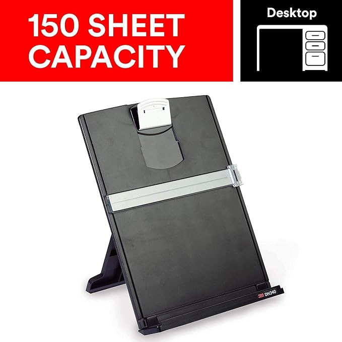 3M Desktop Document Holder with Adjustable Clip, Holds Letter, Legal and A4 Documents, Bottom Ledge Has Lip to Keep up to 150 Sheets Securely in Place, Folds Flat for Storage, Black (DH340MB) (6)