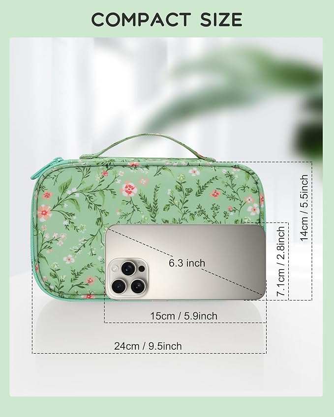Relavel Small Makeup Bag, Travel Floral Cosmetic Bag with Makeup Brush Compartment, Portable Makeup Pouch for Women, Double Layer Makeup Organizer Bag Cute Toiletry Bag, Green Floral