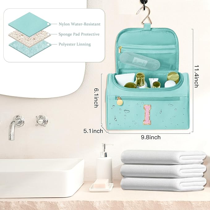 COSHAYSOO Initial Girls Hanging Travel Toiletry Bag Skincare Toiletries Bags Teen Girl Trip Gifts Favors, Summer Fall Camp Essentials for Teenage Sleepaway Sleepover Teal Letter I